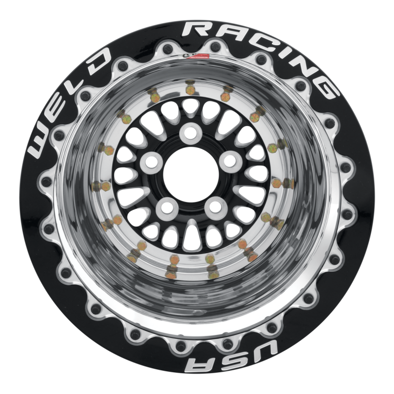 Weld RPM forged wheel 15x8 inches, black center with polished shell, 5x4.75 bolt pattern, black SBL MT design.
