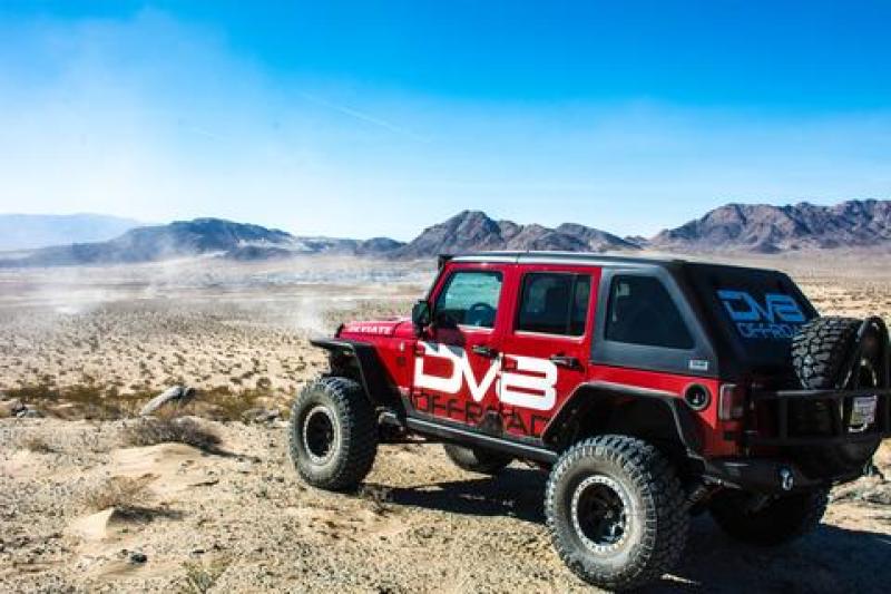 DV8 Offroad Jeep Wrangler JK flat tube fenders for 2007-2018, front and rear, shown on a black Jeep with rugged off-road look.