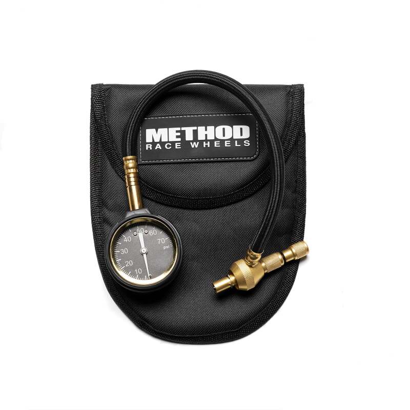 Method Brass Air Deflator Gauge for tire pressure sensors, black, measures 0-60 PSI, used for precise tire pressure adjustment.