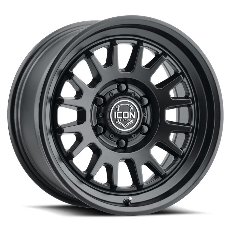 ICON Anza 17x8.5 satin black cast wheel with 6x5.5 bolt pattern, 25mm offset, 5.75-inch backspacing, and 95.1mm hub bore.