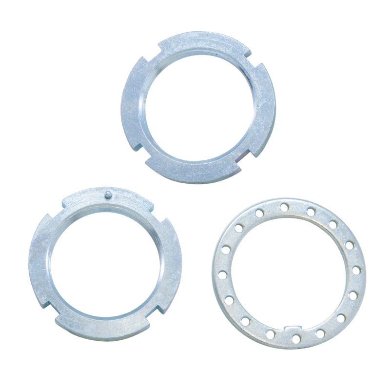 Yukon Gear & Axle spindle nut kit for Dana 30, Dana 44, and GM 8.5-inch axles, showing hardware components for vehicle repair.