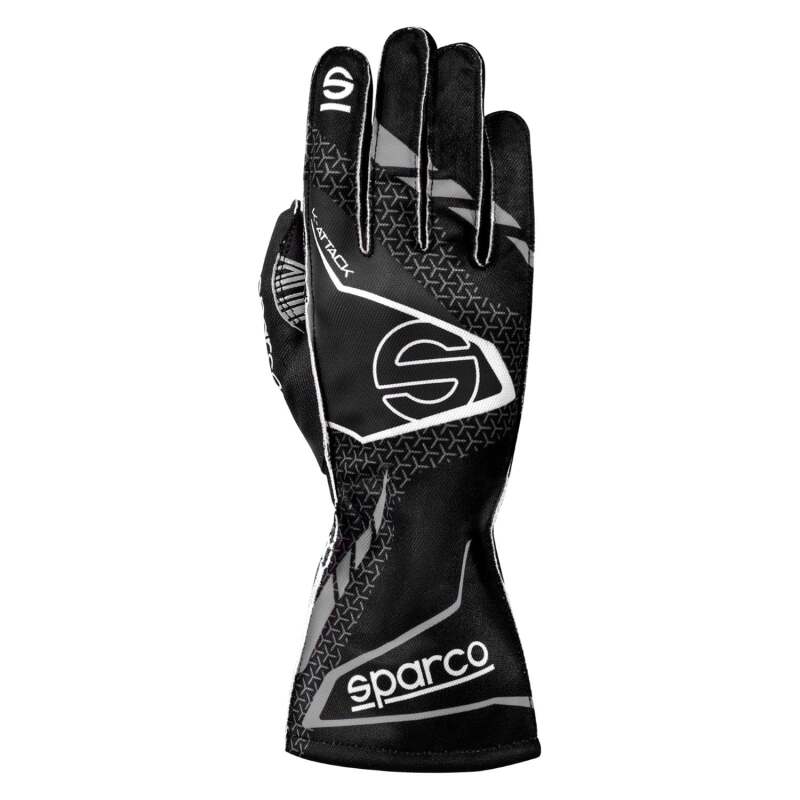 Black and gray Sparco K-Attack racing gloves in size 9, featuring a secure fit and durable design for motorsport use.