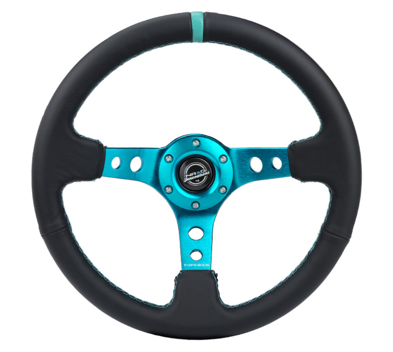 NRG Reinforce 350mm black leather steering wheel with teal center mark and teal stitching, featuring a deep 3-inch design.