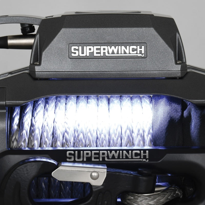 Superwinch 12000 LBS 12V DC synthetic rope winch with 3/8 inch x 80 ft rope and graphite finish.