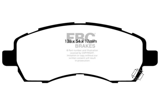 EBC Ultimax2 front brake pads for 97-98 Subaru Impreza 1.8, OE-style brake pads with metal backing plates.