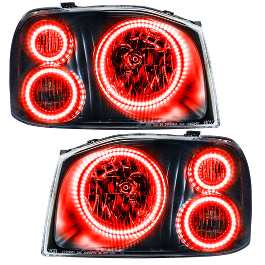 Oracle Lighting LED halo headlights for Nissan Frontier 2001-2004 with red rings, pre-assembled automotive headlight replacement.