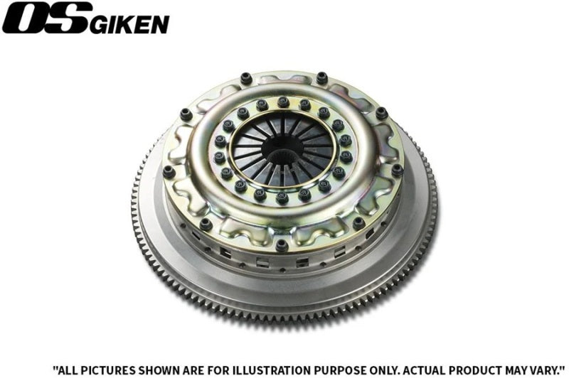 OS Giken Nissan Skyline GT-R 26 Spline TS Twin Plate Clutch kit installed in engine bay, showcasing high-performance automotive clutch components.