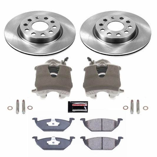 PowerStop OE front brake kit with calipers for 2011-2015 Volkswagen Jetta, featuring high-quality brake components and hardware.