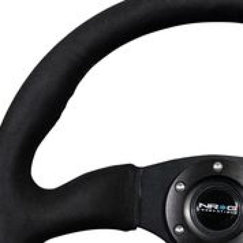 NRG reinforced steering wheel with black Alcantara grip, 350mm diameter, 2.5-inch depth, matte black spokes, sporty design