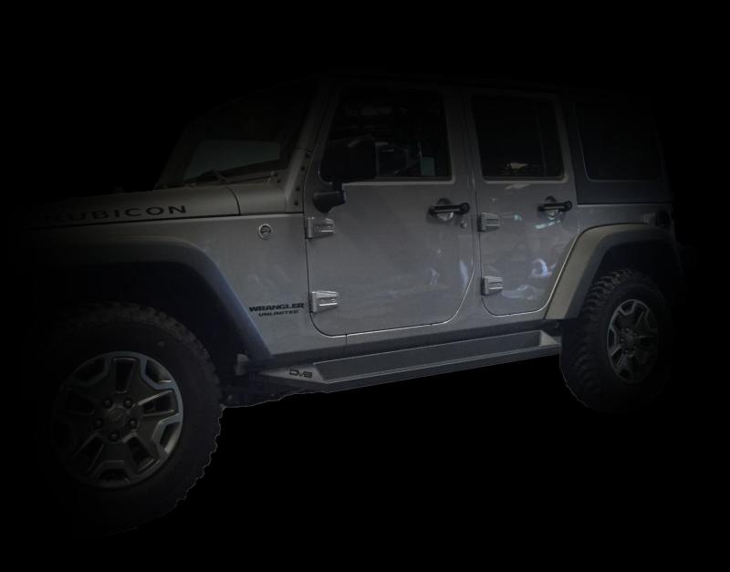Matte black DV8 Offroad steel rock slider side steps for 2007-2018 Jeep Wrangler JK four-door model, designed for off-road protection.
