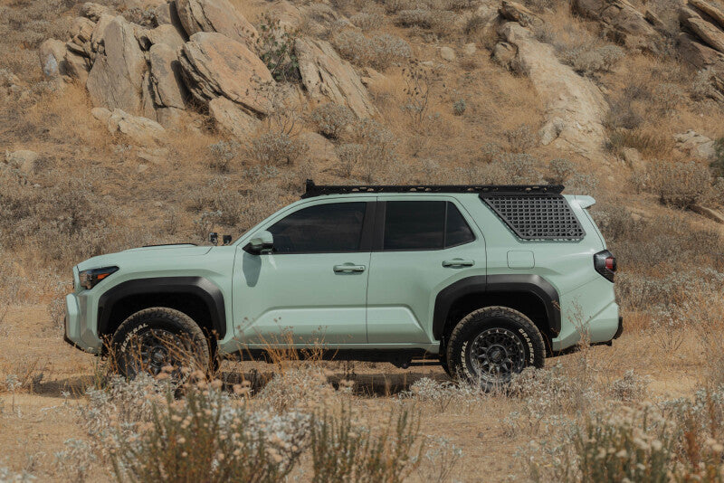 DV8 Offroad Toyota 4Runner exterior window Molle panel for DV8 roof rack, driver side, mounted on vehicle window trim.
