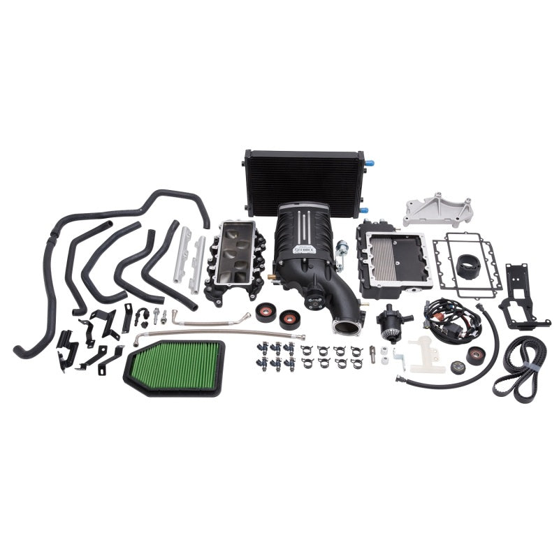 Edelbrock Supercharger Stage 1 Street Kit for 2012-2014 Jeep Wrangler 3.6L V6 engine, featuring the supercharger and tuner.