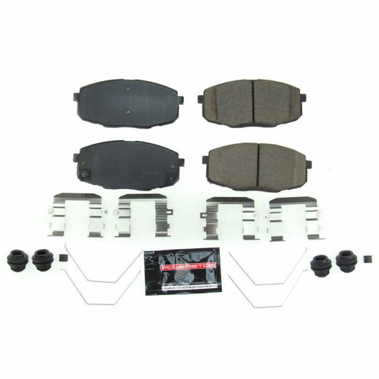 PowerStop Z23 Evolution Sport front brake pads for 2017 Kia Soul, performance brake pads with hardware installed.