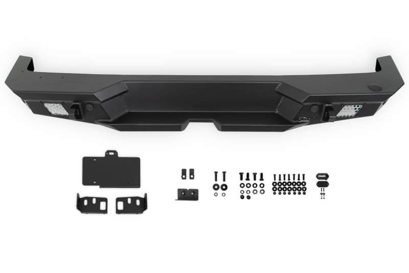 Steel rear bumper for 2018 Jeep Wrangler JL by DV8 Offroad, featuring an optional tire carrier and rugged off-road design.