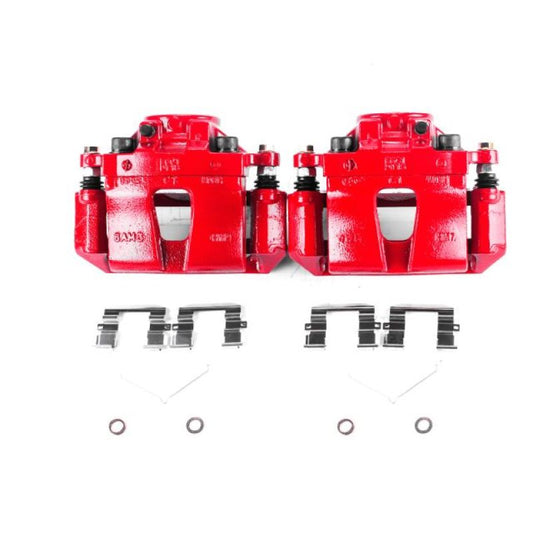 Pair of PowerStop red front brake calipers with brackets for 2015-2018 Hyundai Sonata, performance brake upgrade.