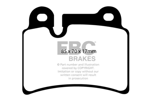 EBC Redstuff rear brake pads for Volkswagen Touareg 3.6, featuring two pin holes at the top of the backplate, performance brake components.
