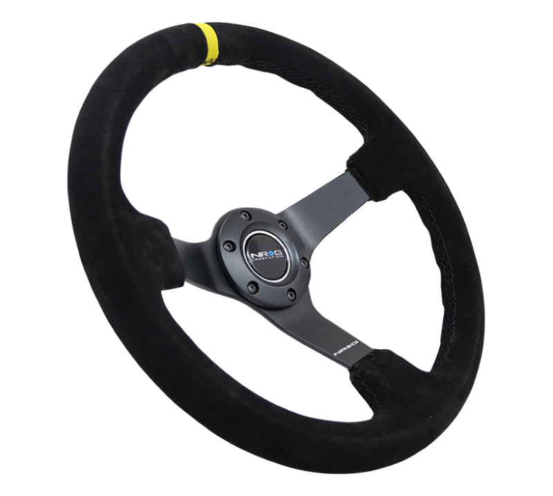 NRG reinforced 350mm black suede steering wheel with yellow center mark, X-stitch, 5mm black spoke, deep 3-inch diameter.