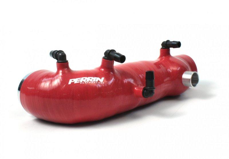 Blue Perrin Performance turbo inlet hose for Subaru WRX, STI, and Forester XT engine air box, with detailed hose and fitting visible.