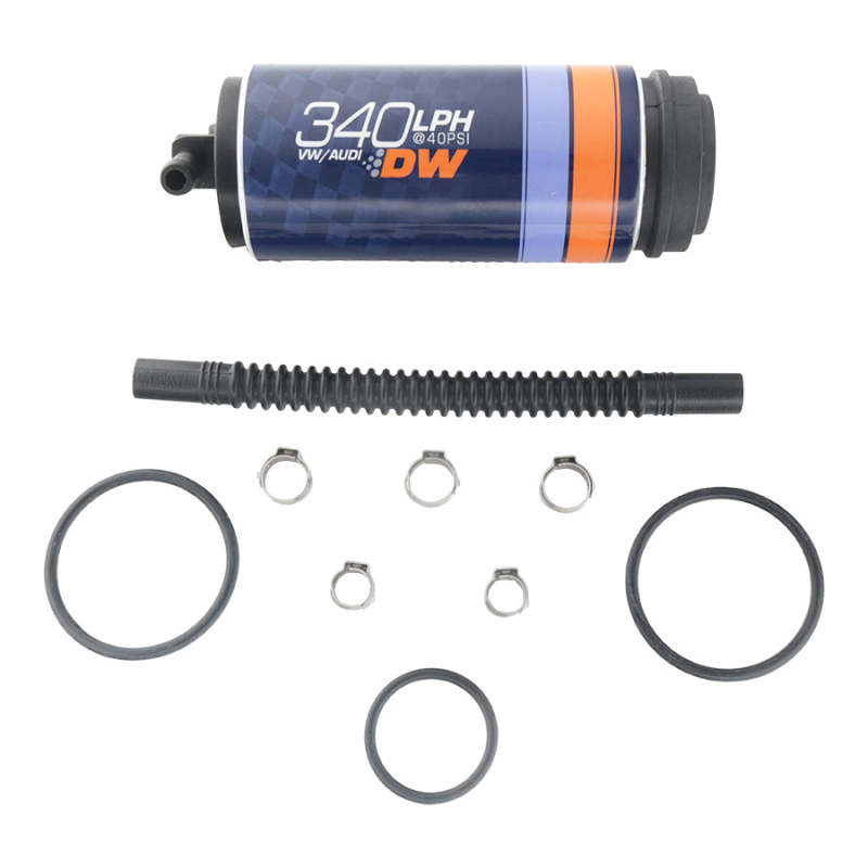 DeatschWerks DW340V 340lph in-tank fuel pump with install kit for VW and Audi 1.8T FWD vehicles, shown with pump and components.