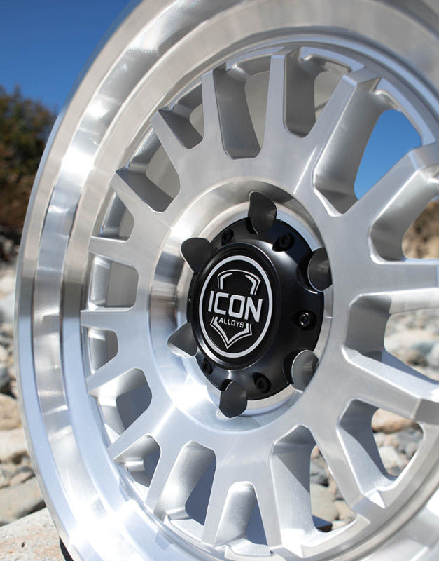 ICON Anza 17x8.5 cast wheel with 5x150 bolt pattern, 25mm offset, silver machined finish, showcasing detailed design.