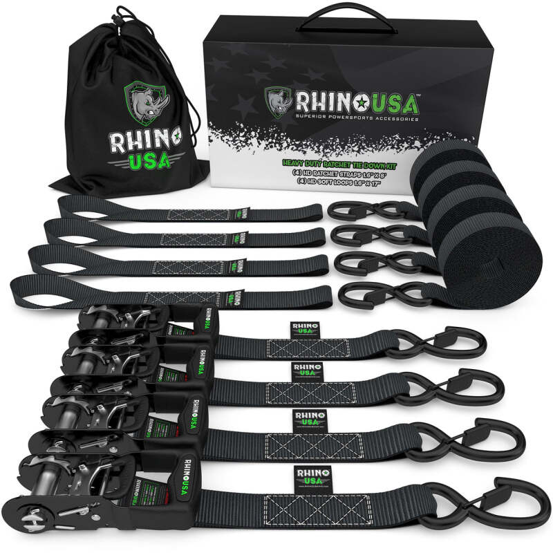 Rhino USA heavy duty cargo ratchet tie-down straps, 4-pack in black, 1.6-inch wide and 15 feet long, for securing loads.
