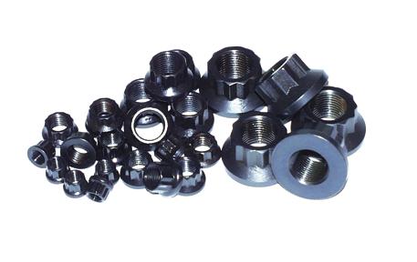 ARP 9/16-12in 12pt black nut kit, hardware kit with multiple black nuts and fasteners, used for automotive or machinery assembly.
