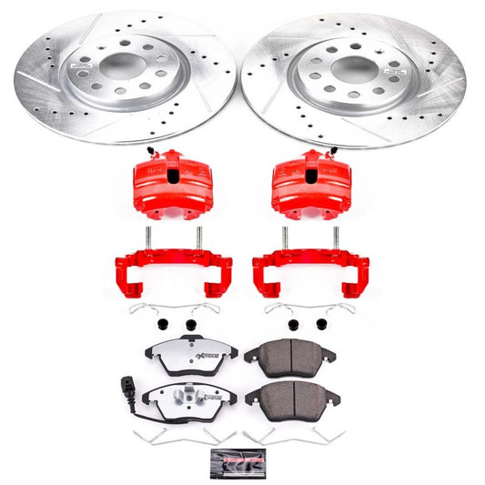 PowerStop Z26 Street Warrior brake kit with front calipers for 2006-2009 Audi A3, performance brake system with red calipers.