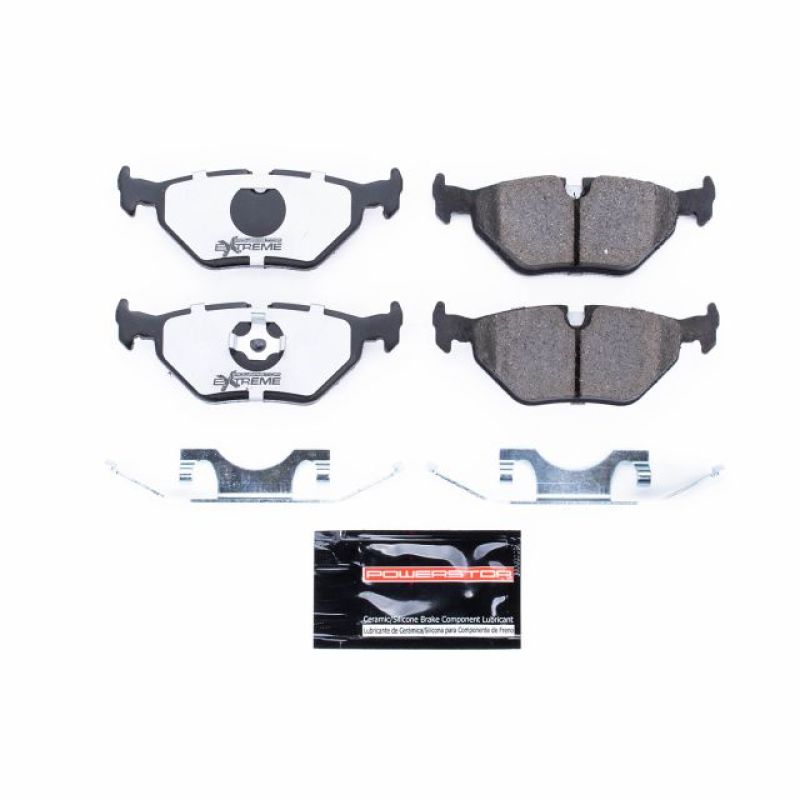 PowerStop Z26 performance rear brake pads for BMW 318i 1991-1998, with hardware, designed for extreme street braking.