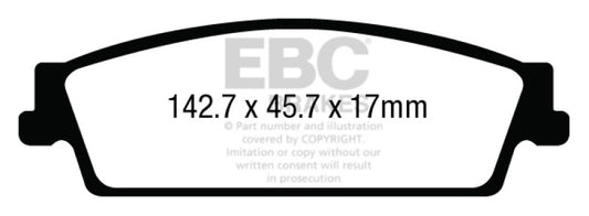 EBC 15+ Cadillac Escalade 6.2 2WD Ultimax2 rear brake pads, OE type, shown in close-up view of the brake pad set