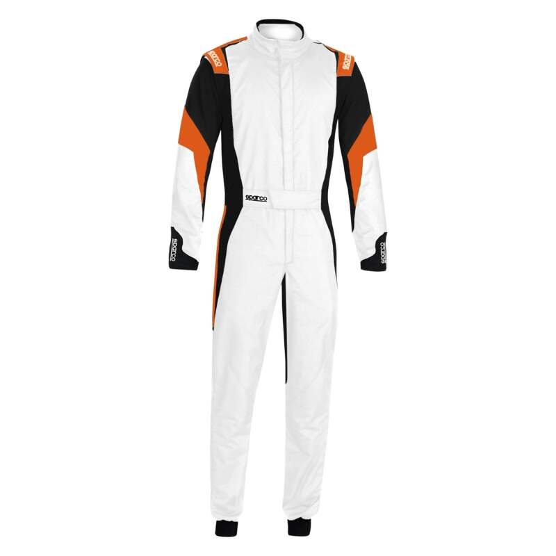 Sparco competition racing suit in white and orange, lightweight racing suit with racing logo, designed for motorsport safety.