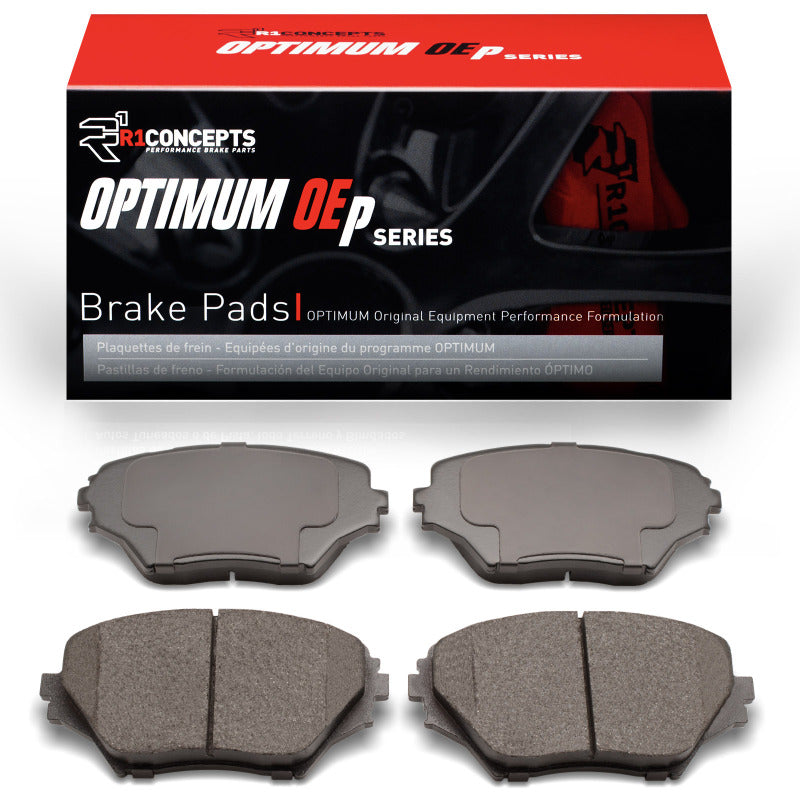 Toyota RAV4 front R1 Optimum OE brake pads by R1 Concepts, showing close-up of new brake pads installed in the brake assembly.