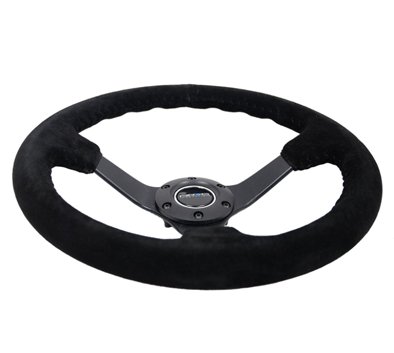 NRG reinforced steering wheel, 350mm black suede with basketball stitching and matte black spoke, 3-inch deep design.