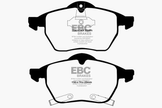EBC Greenstuff front brake pads for Saab 9-3 2.0 Turbo, performance brake pads with green friction material, shown installed
