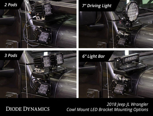 Diode Dynamics SS3 Cowl LED bracket kit for Jeep JL Wrangler and Gladiator, yellow Pro light mounts on vehicle cowl area.