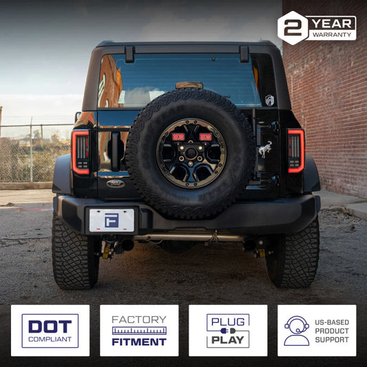 Pair of smoked FORM Lighting LED tail lights for 2021-2025 Ford Bronco, showcasing sleek, smoked lens design.