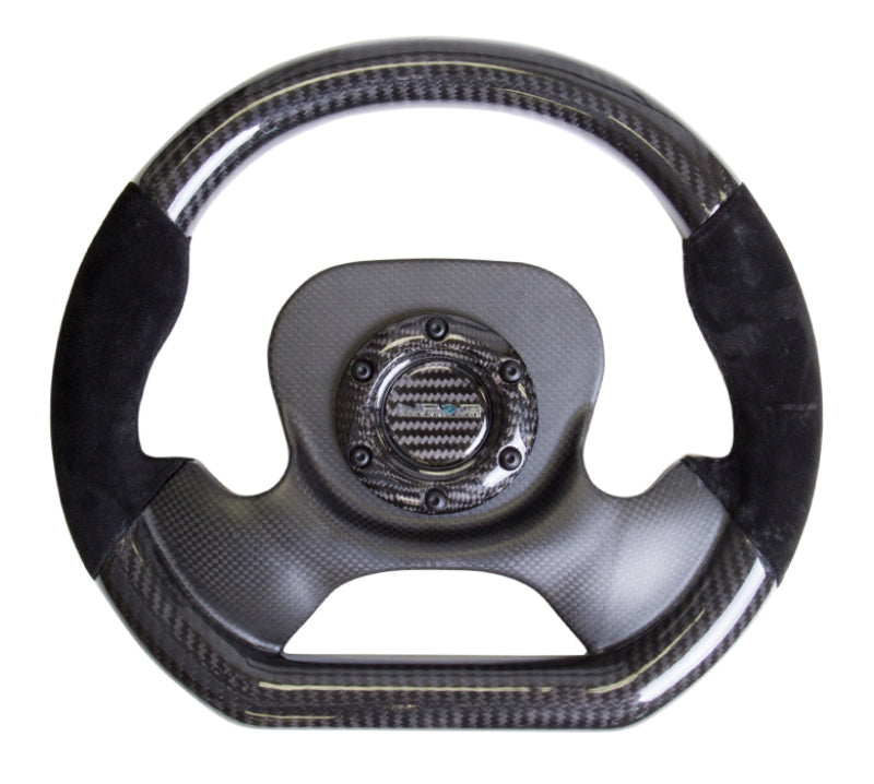 NRG Carbon Fiber Steering Wheel with CF center plate, two-tone carbon and suede trim handles, 320mm diameter.