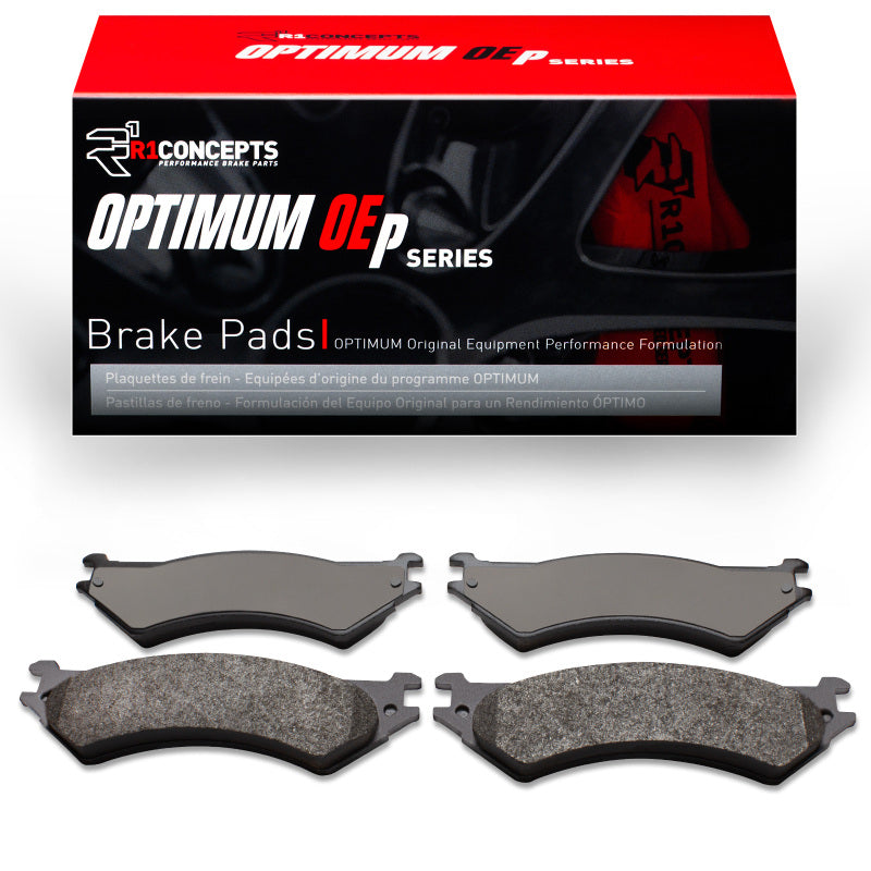 Rear R1 Concepts OE brake pads for Ford E-350 Econoline 1999-2007, showing close-up of brake pad design and branding
