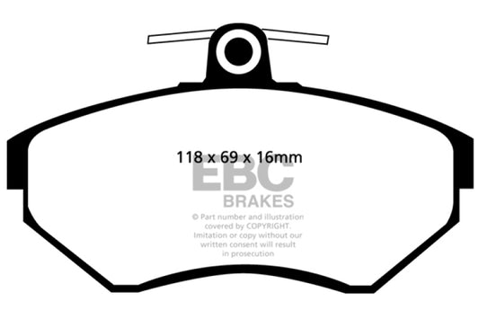 EBC Ultimax2 front brake pads for Volkswagen Cabriolet 2.0, OE quality, showing the new brake pad set with metal backing plates.