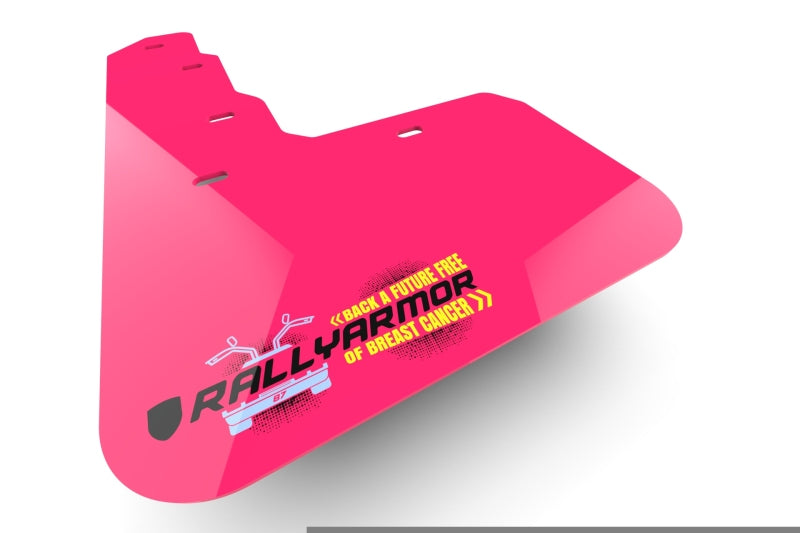 Pink Rally Armor mud flaps with Hyundai Santa Cruz branding and BCE logo installed on a vehicle.