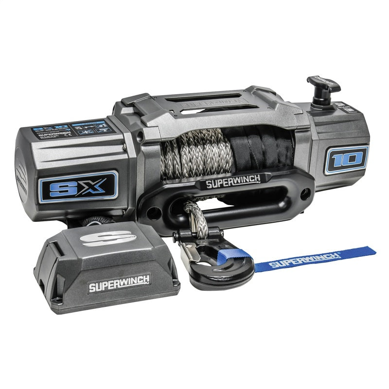 Superwinch 10,000 lbs 12V DC synthetic rope winch with 3/8 inch x 80 ft synthetic cable for heavy-duty pulling and recovery.