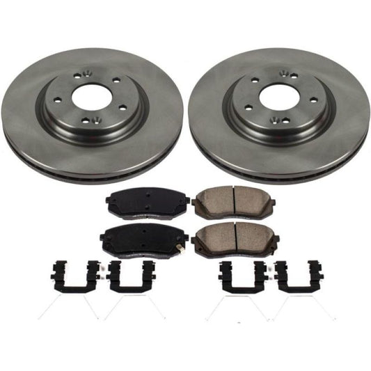 PowerStop OE front brake kit for 2018-2019 Hyundai Kona, including brake calipers and pads, installed on vehicle.