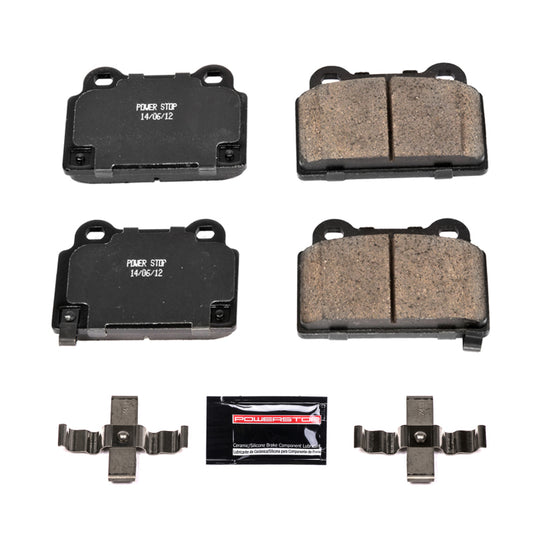 PowerStop rear Z23 Evolution sport brake pads for Mitsubishi Lancer, featuring hardware for improved performance and braking.