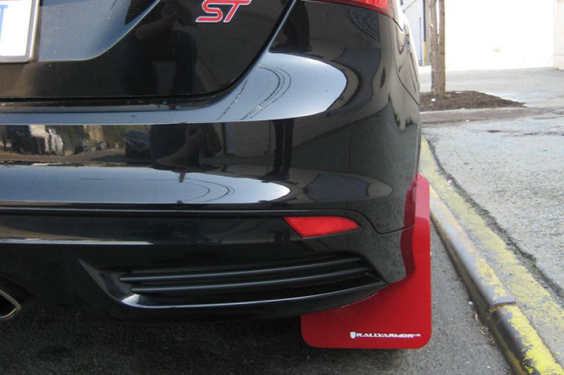 Rally Armor black mud flaps with Nitrous Blue logo for Ford Focus ST and RS models, showcasing durable car protection.