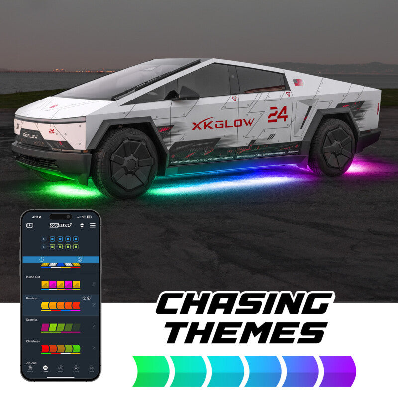 XKGLOW Tesla Cybertruck LED underglow light kit with RGBW chasing lights, showcasing the colorful illuminated wiring and light strips.