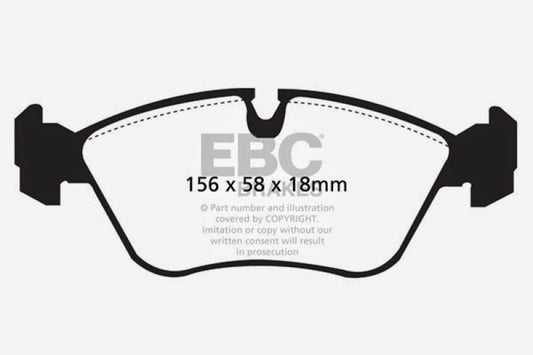 EBC Redstuff performance front brake pads for Volvo 850 2.3 Turbo model, showing red brake pad material and mounting surface.