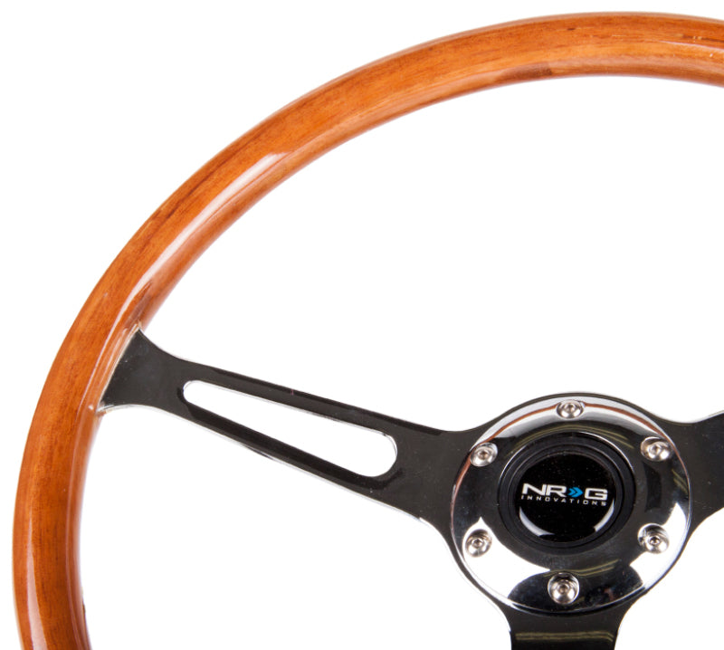 NRG reinforced 360mm classic wood grain steering wheel with chrome cutout and 3-spoke center, designed for car customization.