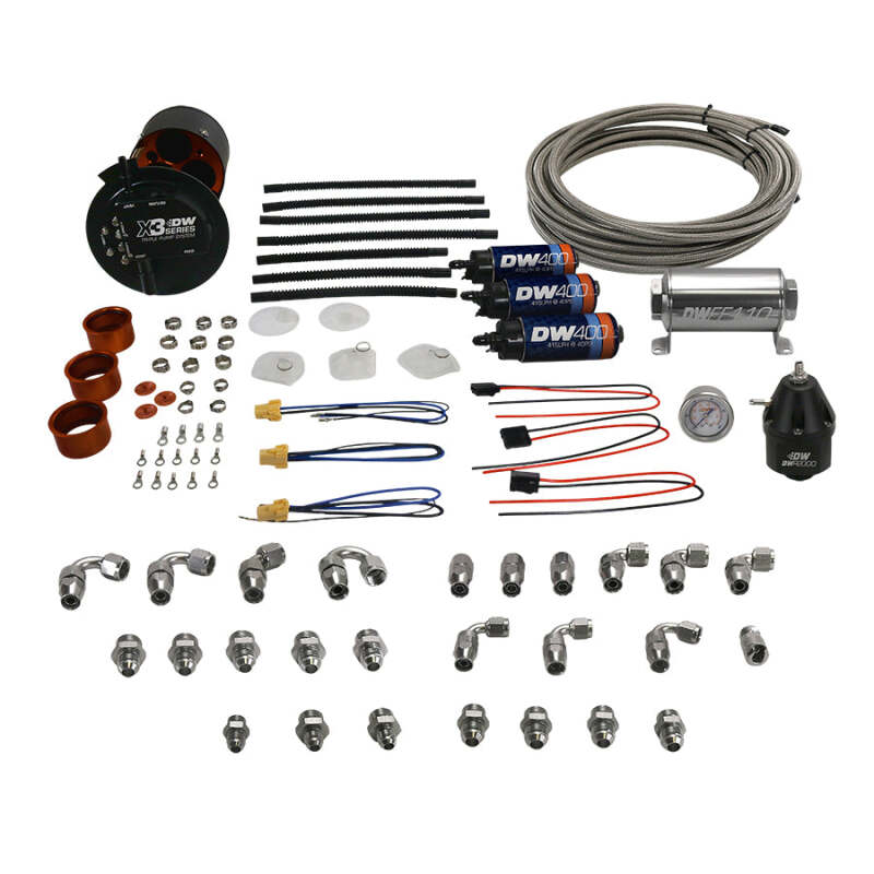 DeatschWerks 2015+ Ford F150 Coyote X3 Series fuel pump module with three DW400 fuel pumps and plumbing components