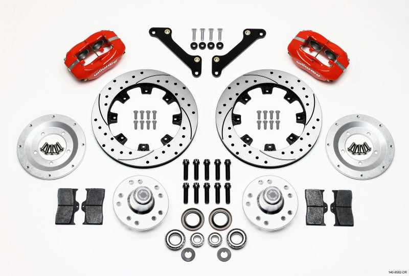 Wilwood Forged Dynalite front big brake kit with drilled red rotors on 70-78 Camaro showcasing brake components and red finish