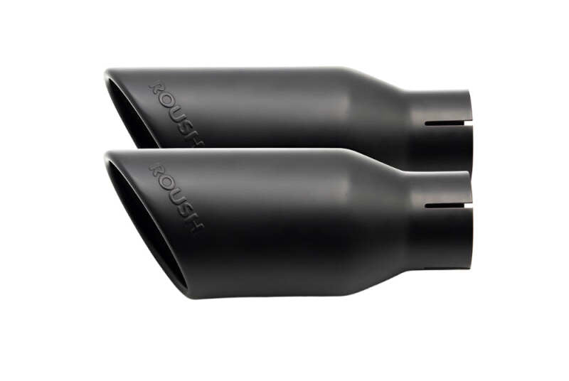Roush black dual exhaust tips for Ford F-150 5.0L, 4-inch diameter, pair of stainless steel tips with a sleek finish.