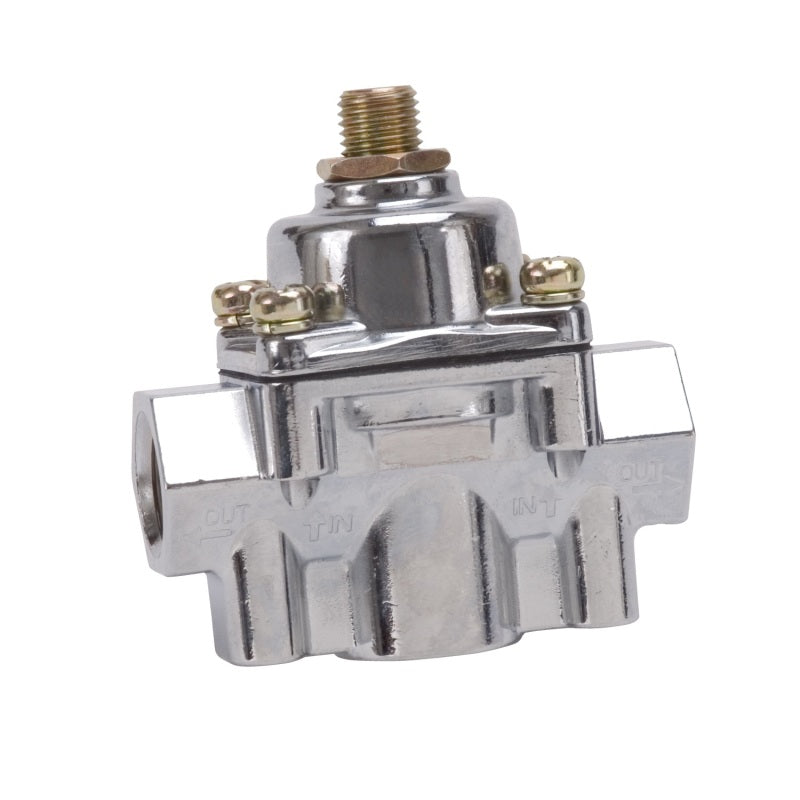 Edelbrock fuel pressure regulator for carbureted engines, blue and clear with 3/8 inch in/out and 5-10 PSI pressure control